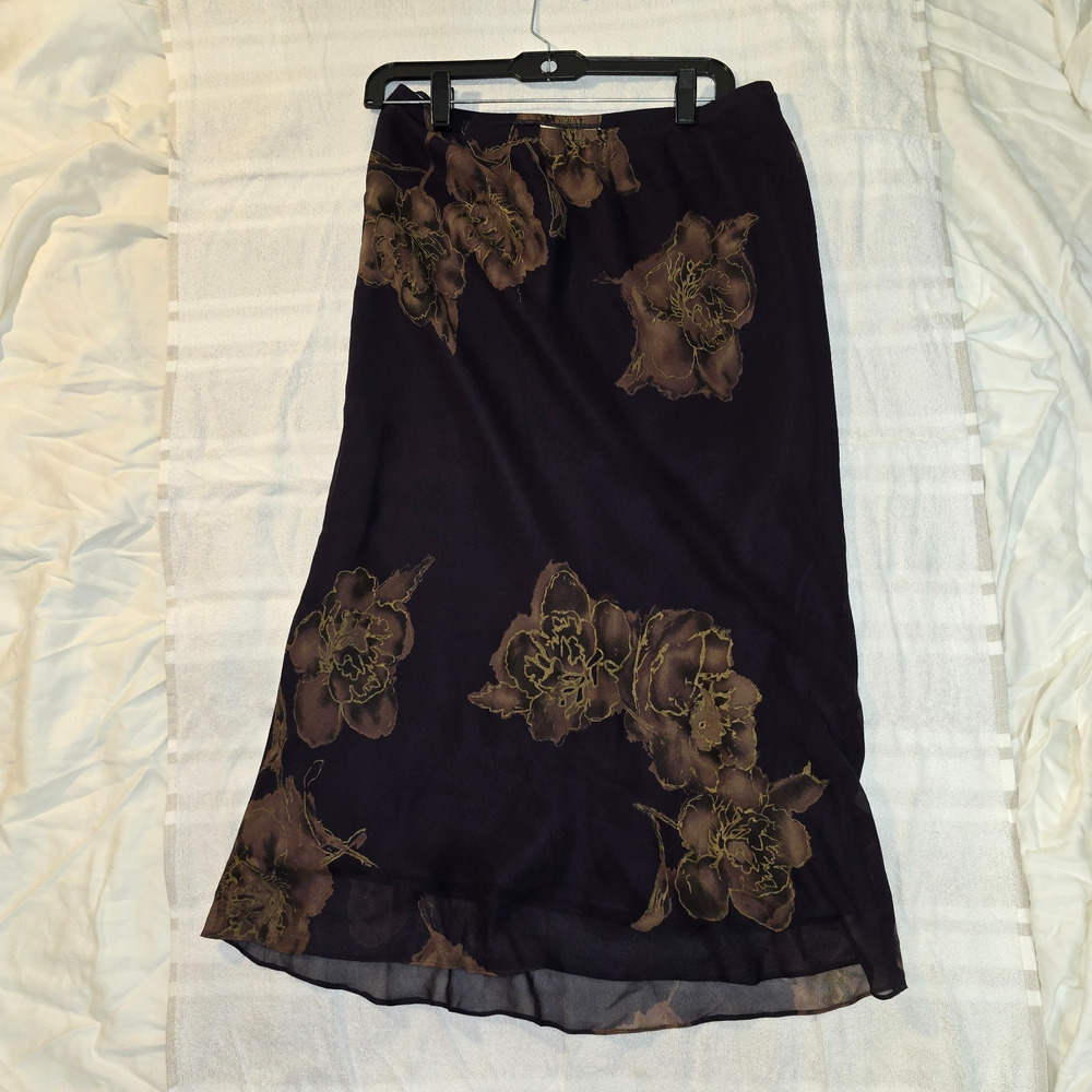 Vintage 1990s 100% Silk Purple Floral maxi skirt lined size 12 Boho Cottagecore